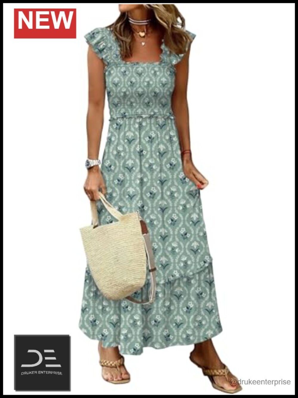 ANRABESS Women's Sleeveless Maxi Dress Square Neck Smocked Boho Casual Ruffle